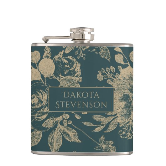 Elegant botanisch | Forest Green Sepia Gold Floral Heupfles (Voorkant)