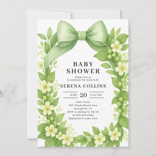 Elegant Botanisch Green Bow Baby shower Kaart (Voorkant)