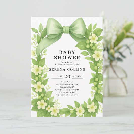 Elegant Botanisch Green Bow Baby shower Kaart (Staand voorkant)