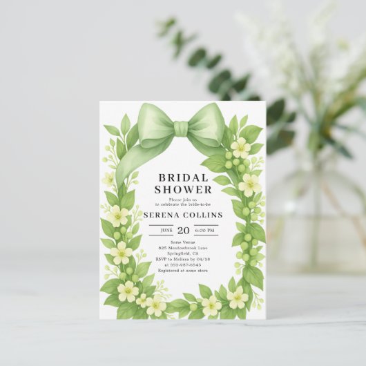 Elegant Botanisch Green Bow Vrijgezellenfeest Briefkaart (Staand voorkant)