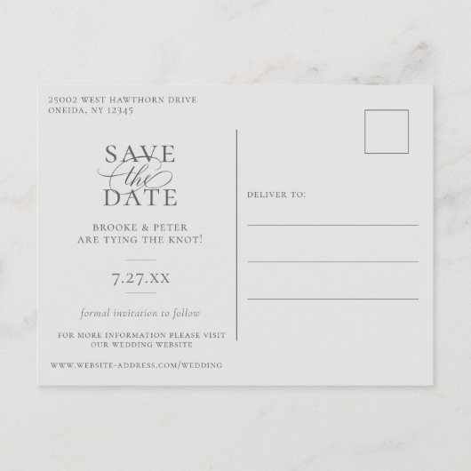 Elegant botanisch grijs sparen de datum aankondigingskaart (Achterkant)