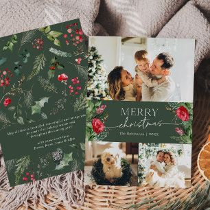 Elegant Botanisch groen 3 foto Vrolijk kerstfeest Feestdagenkaart