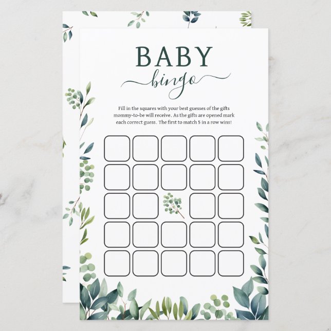 Elegant botanisch groen Baby shower Bingogame (Voorkant / Achterkant)