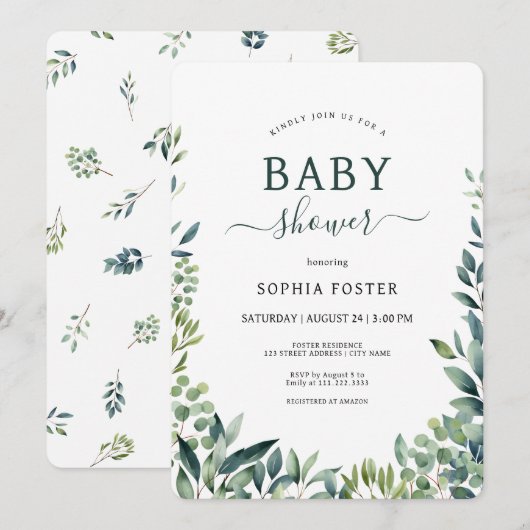 Elegant botanisch groen blad Baby shower Kaart (Voorkant / Achterkant)