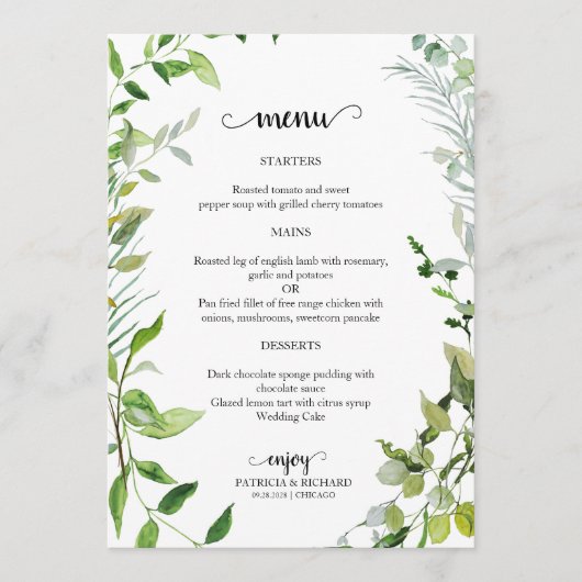 Elegant Botanisch groen Bruiloft Menu (Voorkant)