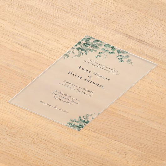 Elegant Botanisch groen eenvoudig Script Trouwen Acryl Uitnodigingen (Laagn)