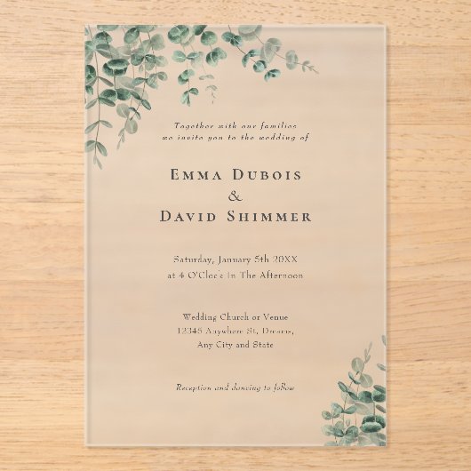 Elegant Botanisch groen eenvoudig Script Trouwen Acryl Uitnodigingen (Voorkant)