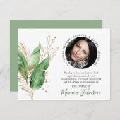 Elegant botanisch groen en gouden foto begrafenis bedankkaart (Voorkant / Achterkant)