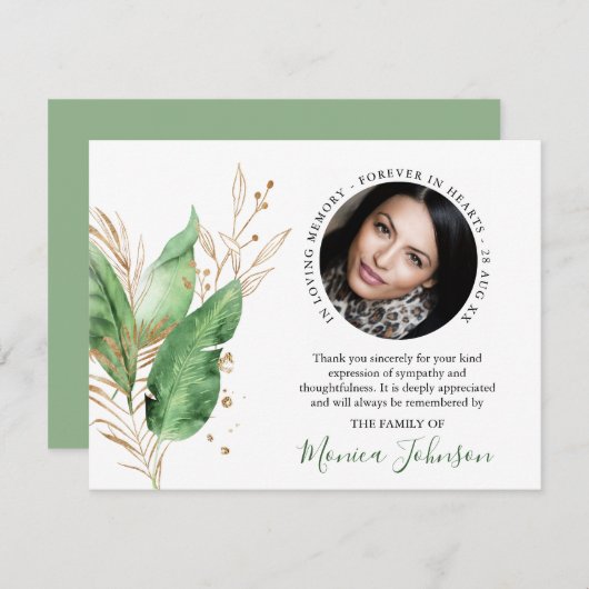 Elegant botanisch groen en gouden foto begrafenis bedankkaart (Voorkant / Achterkant)