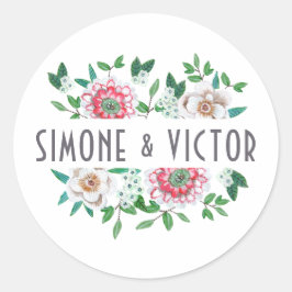Elegant botanisch groen en roze Floral Ronde Sticker