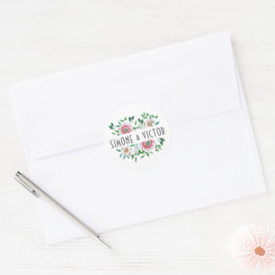 Elegant botanisch groen en roze Floral Ronde Sticker