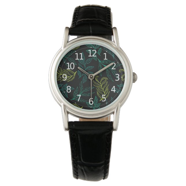 Elegant Botanisch Groen & Geel Bladpatroon | Horloge (Voorkant)