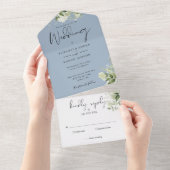 Elegant Botanisch Groen Stof Blauw Bruiloft All In One Uitnodiging (Afscheurbaar)