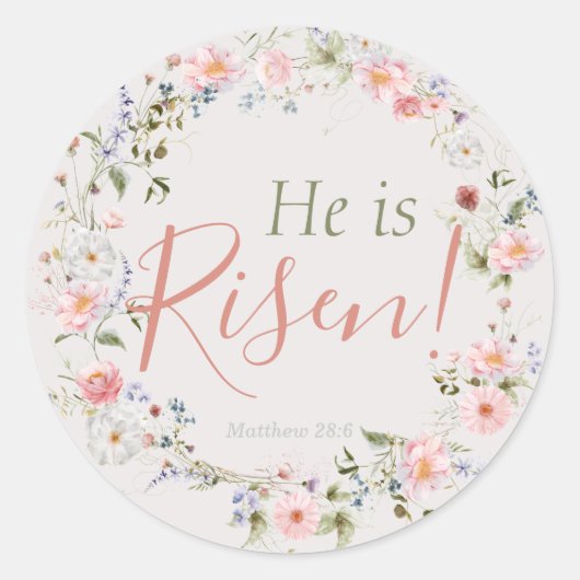 Elegant Botanisch 'Hij is Risen' Christelijk Pasen Ronde Sticker (Voorkant)