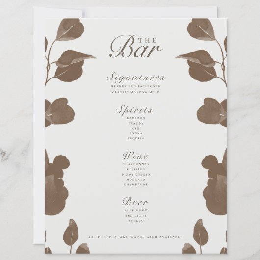 Elegant Botanisch Ivoor & Ash Wedding Bar Menu (Voorkant)