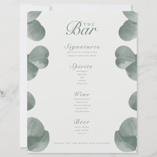 Elegant Botanisch Ivoor & Wijze Wedding Bar Menu (Voorkant)