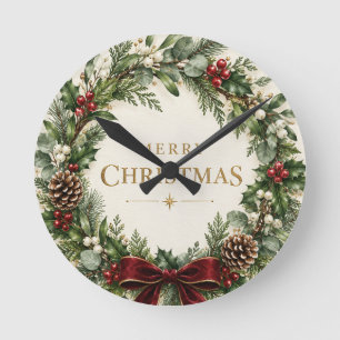Elegant Botanisch Kerstfeest, Vintage Groenelement Ronde Klok