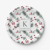 Elegant Botanisch Kerstmonogram Papieren Bordje (Voorkant)