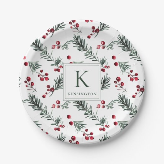 Elegant Botanisch Kerstmonogram Papieren Bordje (Voorkant)