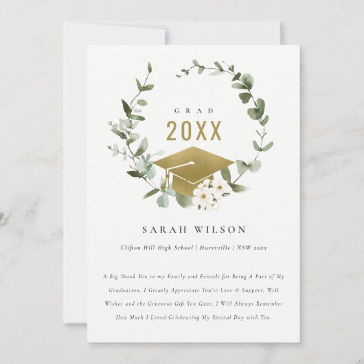 Elegant Botanisch Leafy Wreated Gold Afstuderen Bedankkaart (Voorkant)