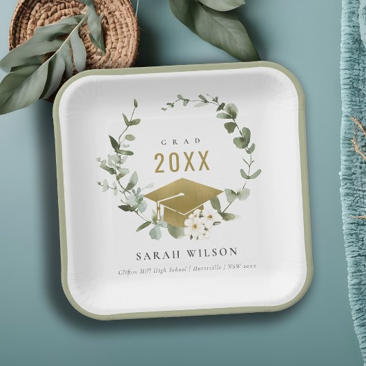 Elegant Botanisch Leafy Wreated Gold Afstuderen Papieren Bordje