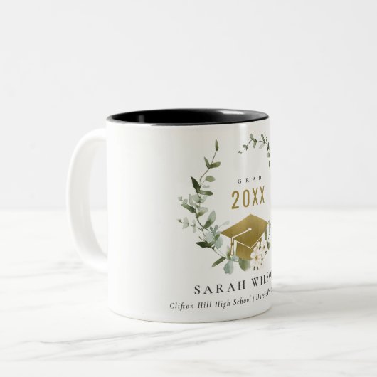 Elegant Botanisch Leafy Wreated Gold Afstuderen Tweekleurige Koffiemok (Voorkant links)