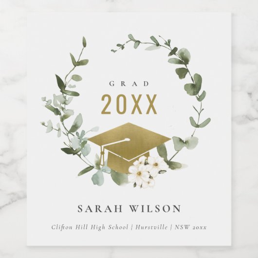 Elegant Botanisch Leafy Wreated Gold Afstuderen Wijn Etiket (Enkel label)