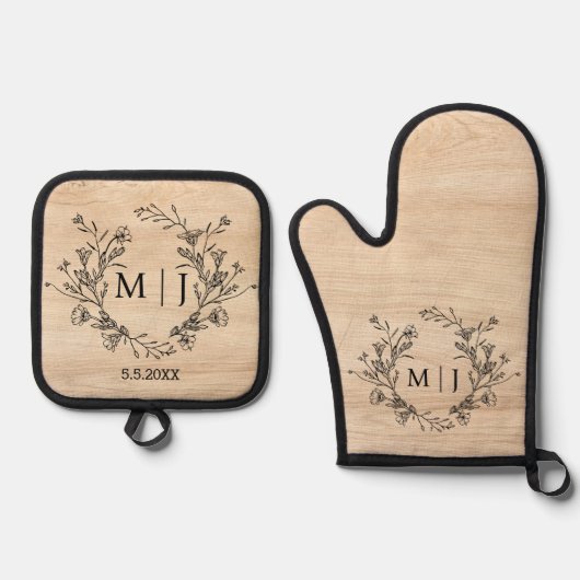 Elegant Botanisch Monogram Bruiloft Rustiek Hout Ovenwant & Pannenlap Set (Voorkant)
