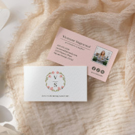 Elegant Botanisch Monogram Crest Roze Groen Foto Visitekaartje