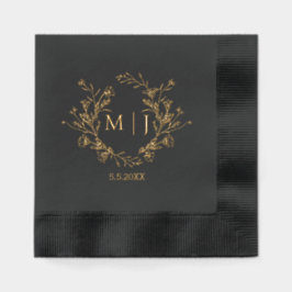 elegant botanisch monogram goud zwart bruiloft folie servetten