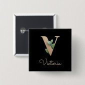 Elegant Botanisch Monogram Gouden Brief V Button (Voorkant /achterkant)