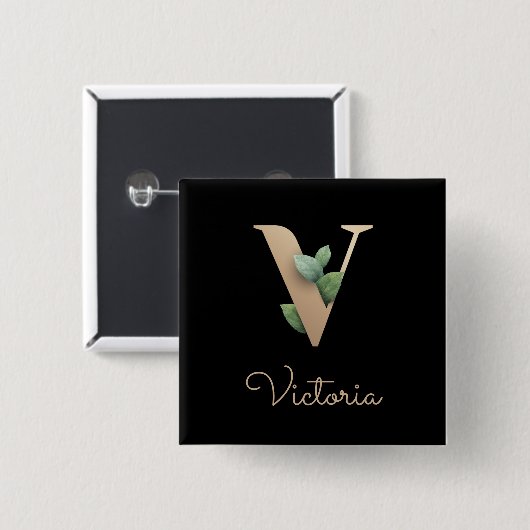 Elegant Botanisch Monogram Gouden Brief V Button (Voorkant /achterkant)