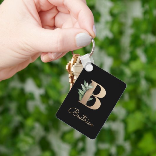 Elegant Botanisch Monogram Gouden Letter B Sleutel Sleutelhanger (Hand)