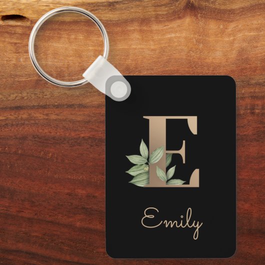 Elegant Botanisch Monogram Gouden Letter E Sleutel Sleutelhanger (Voorkant)