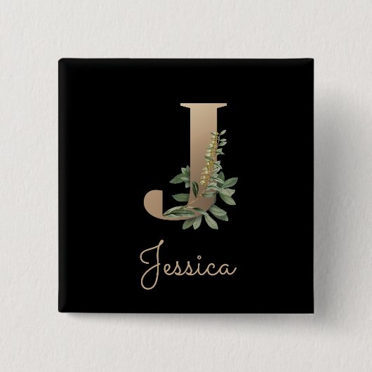 Elegant Botanisch Monogram Gouden Letter J Button (Voorkant)