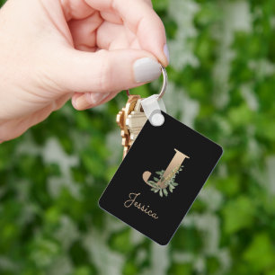 Elegant Botanisch Monogram Gouden Letter J Sleutel Sleutelhanger