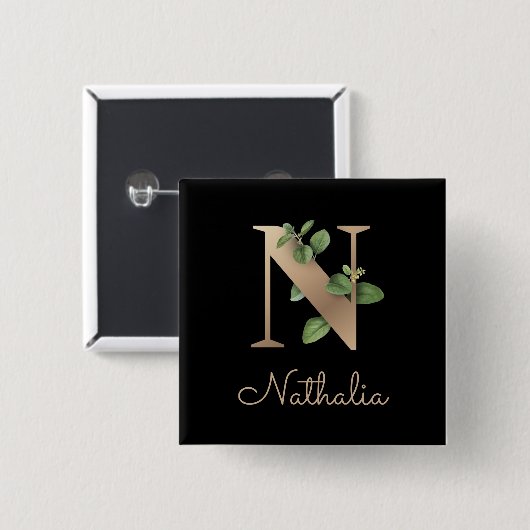 Elegant Botanisch Monogram Gouden Letter N Button (Voorkant /achterkant)