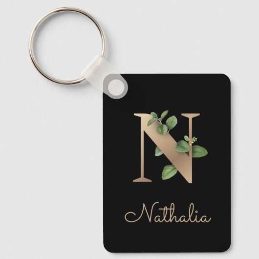 Elegant Botanisch Monogram Gouden Letter N Sleutel Sleutelhanger (Voorkant)