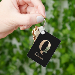 Elegant Botanisch Monogram Gouden Letter Q Sleutel Sleutelhanger