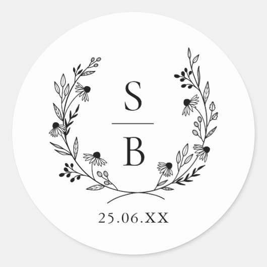 Elegant Botanisch Monogram Krans Bruiloft Ronde Sticker (Voorkant)