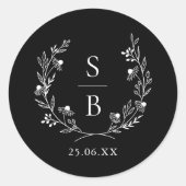 Elegant Botanisch Monogram Krans Bruiloft Ronde Sticker (Voorkant)