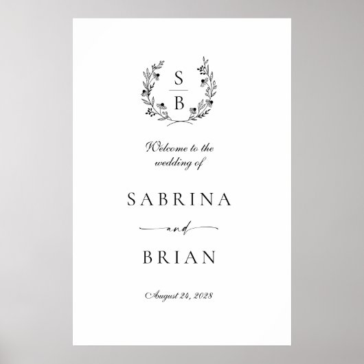 Elegant Botanisch Monogram Krans Bruiloft Welkom Poster (Voorkant)