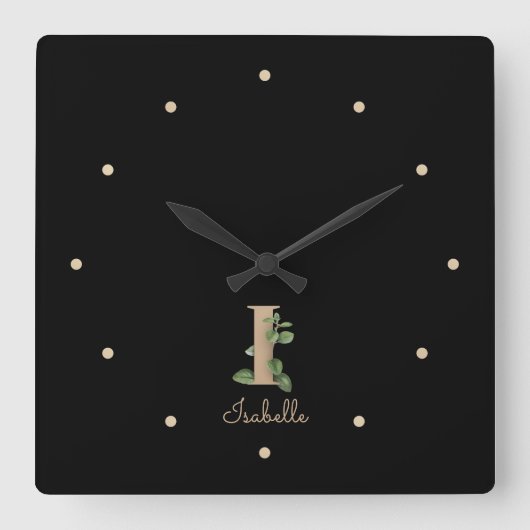 Elegant Botanisch Monogram Letter I Vierkante Klok (Voorkant)