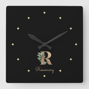 Elegant Botanisch Monogram Letter R Vierkante Klok