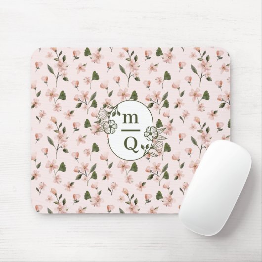 Elegant Botanisch Monogram Logo Bloemen Waterverf Muismat (Met muis)