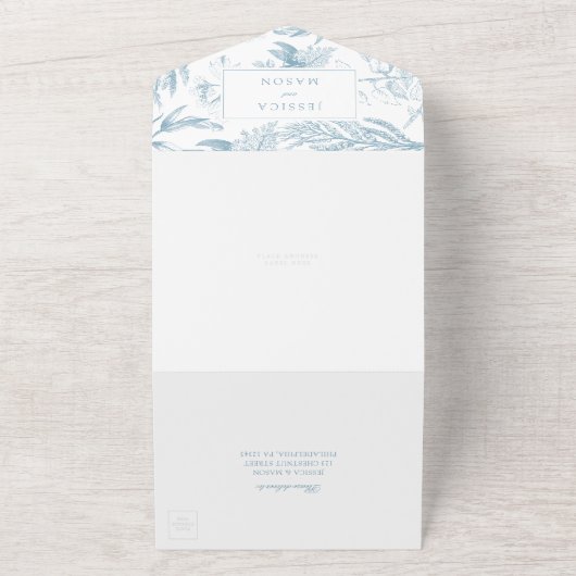 Elegant botanisch mosterdblauw all in one uitnodiging (Buitenkant)