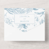 Elegant botanisch mosterdblauw all in one uitnodiging (Achterkant)