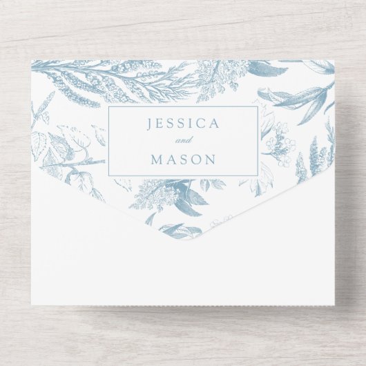 Elegant botanisch mosterdblauw all in one uitnodiging (Achterkant)