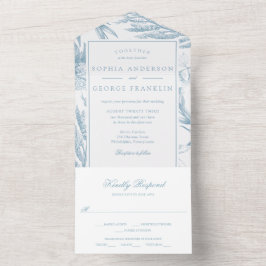 Elegant  botanisch mosterdblauw all in one uitnodiging