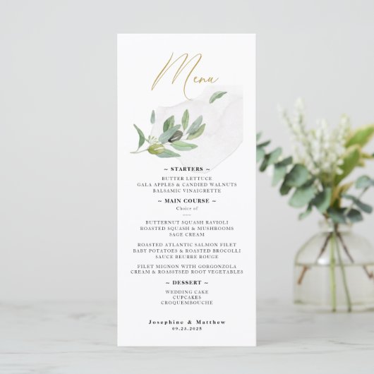 Elegant Botanisch Olijftak Kalligrafie Script Menu (Staand voorkant)